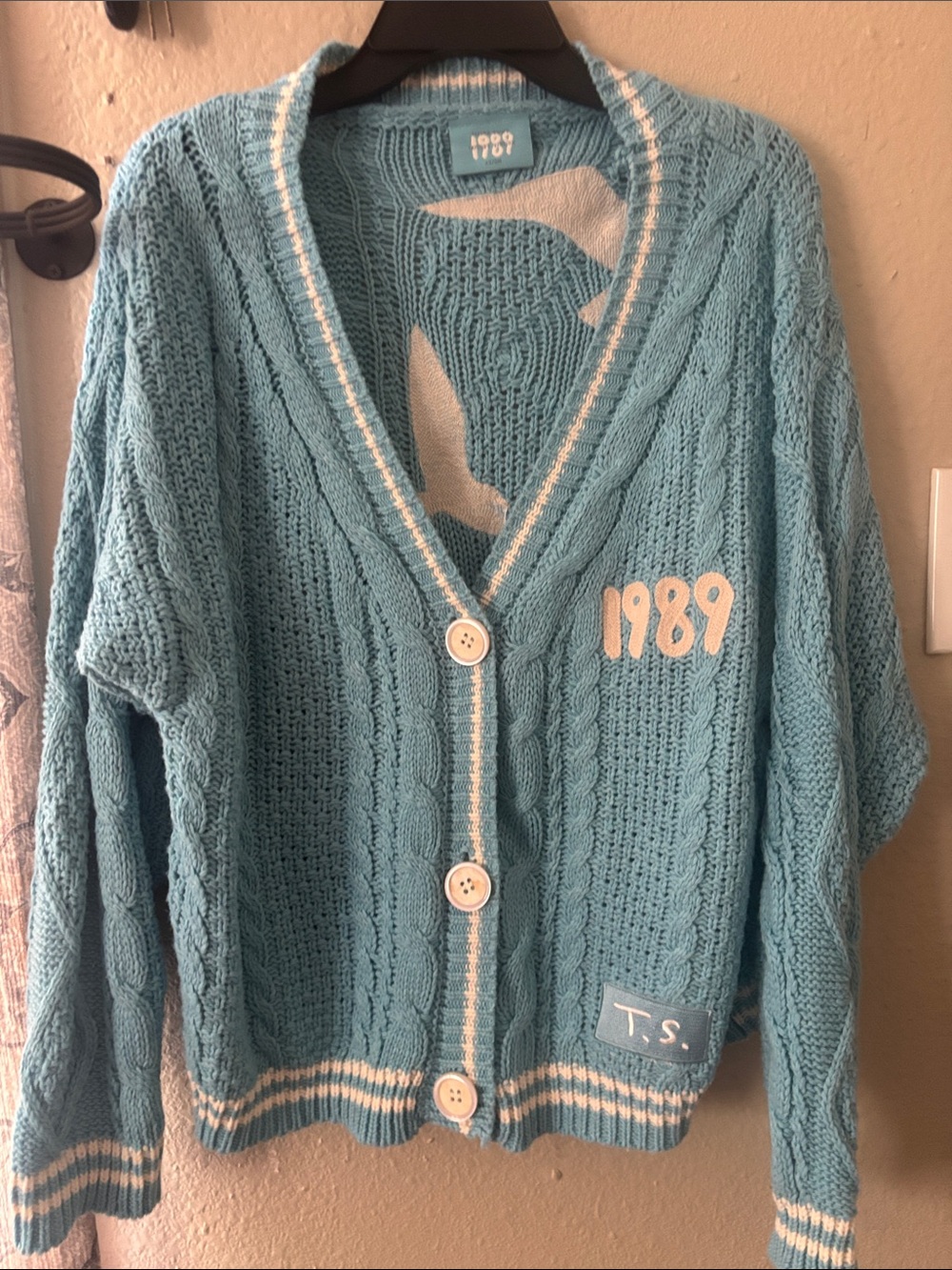 Taylor Swift Blue Cable Knit Cardigan with White Trim
